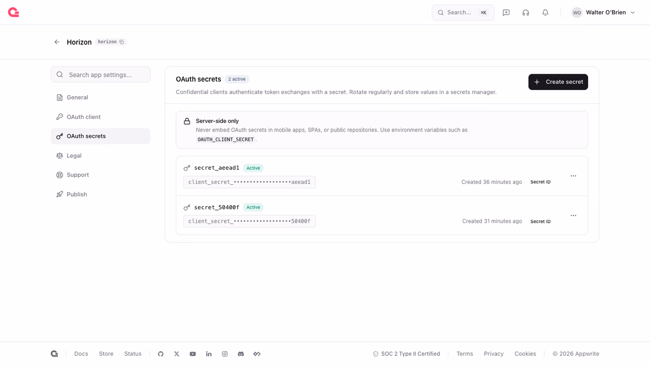 OAuth secrets page listing an active secret with its hint
