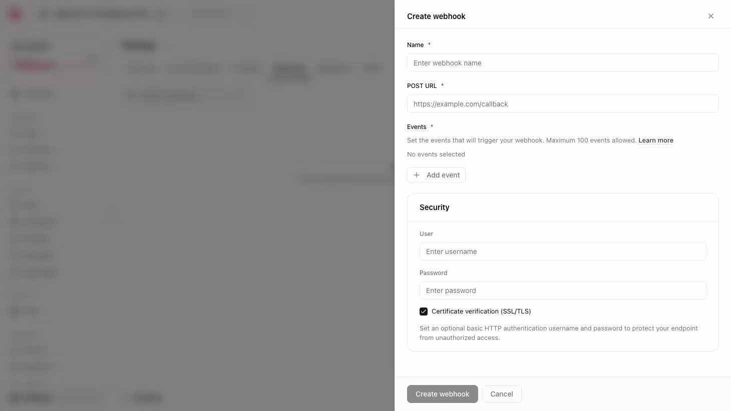 Create webhook screen