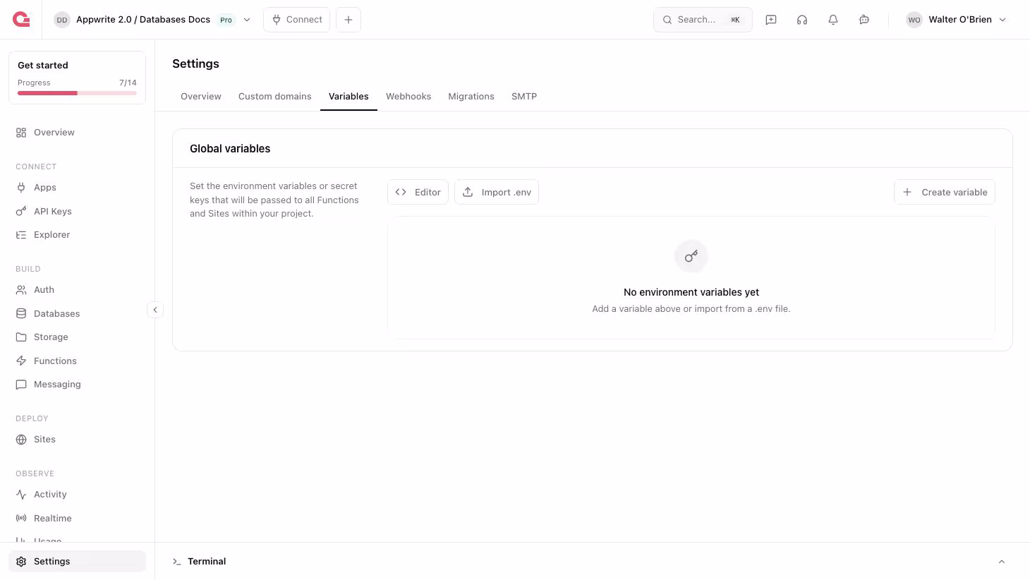 Project Global variables in the Appwrite Console