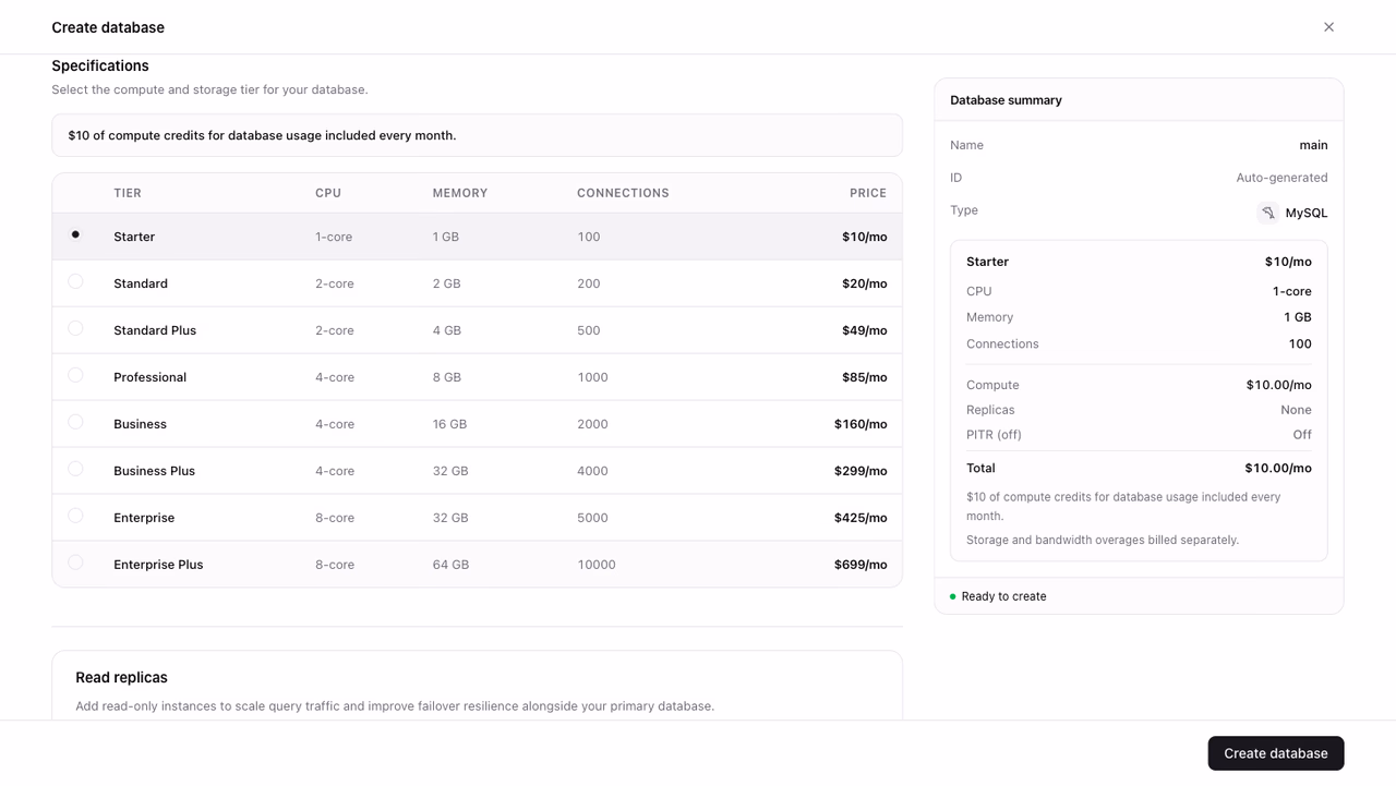 Database specifications