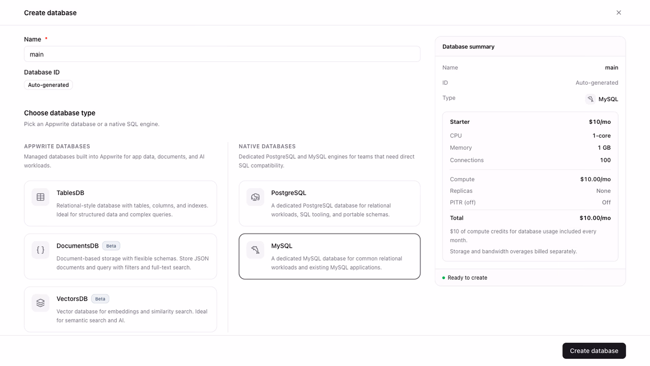 Create database type selection