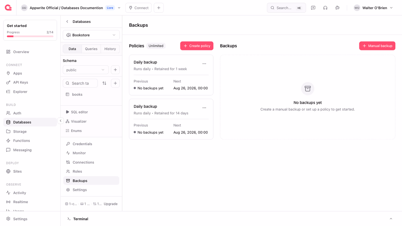 Backups page with policies and the manual backup button