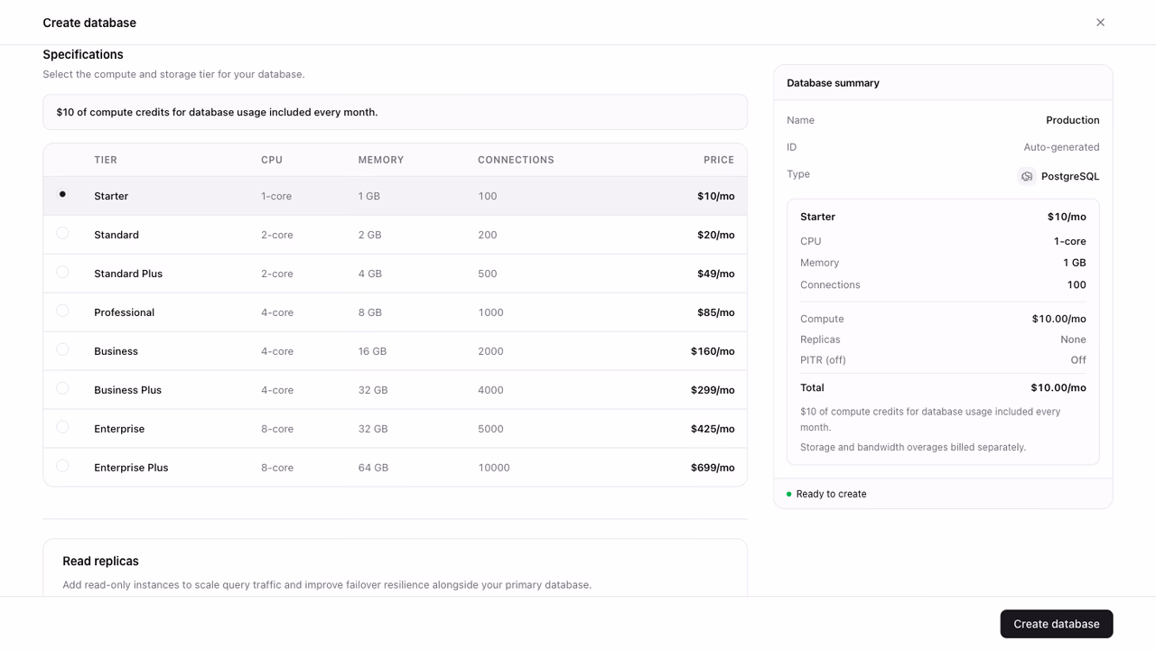 Database specifications