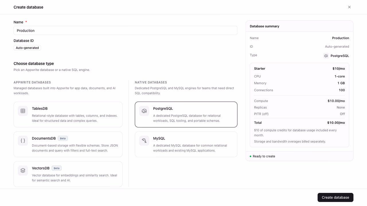 Create database type selection