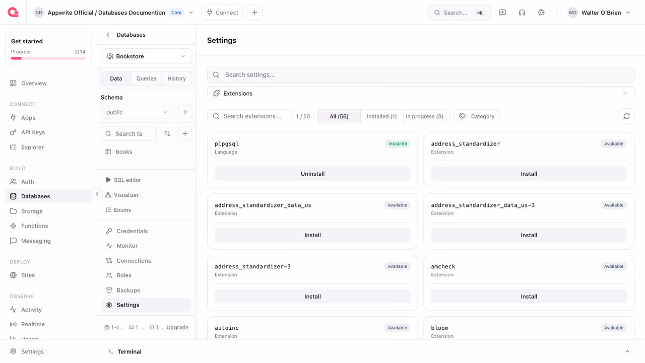 Extensions catalog in database settings