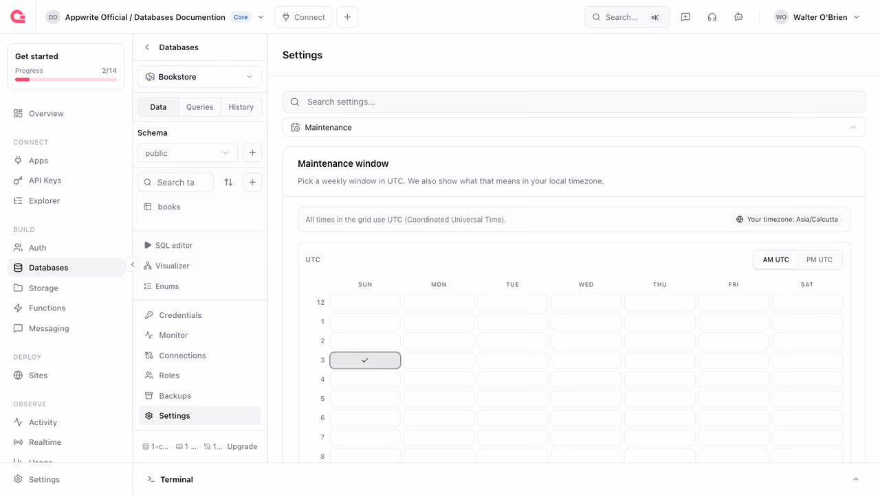 Maintenance window grid in database settings