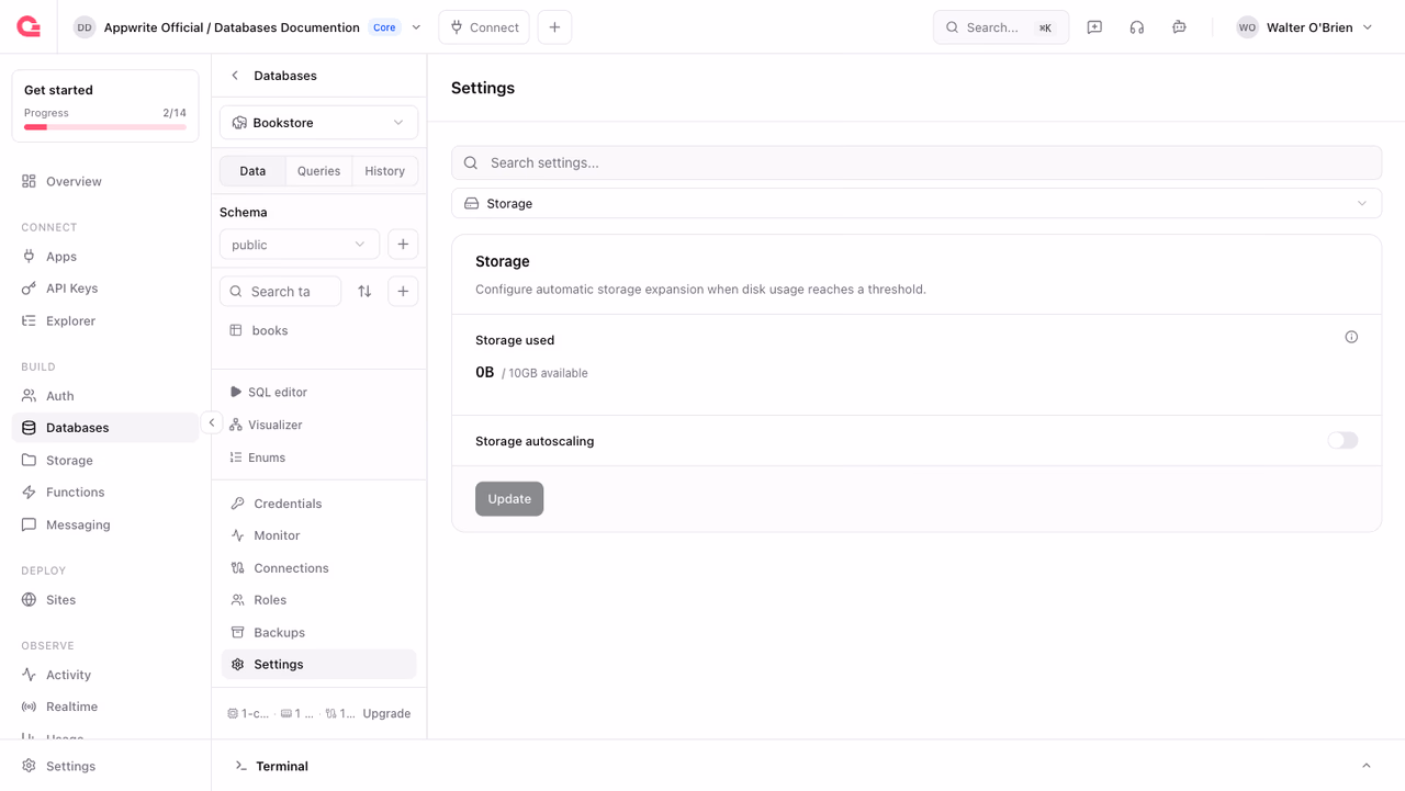 Storage settings with the autoscaling toggle