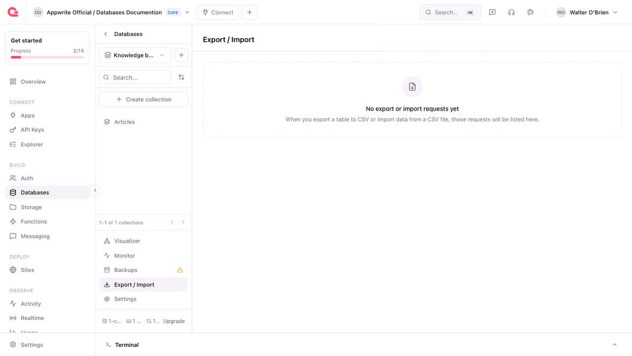 Export / Import page of a database