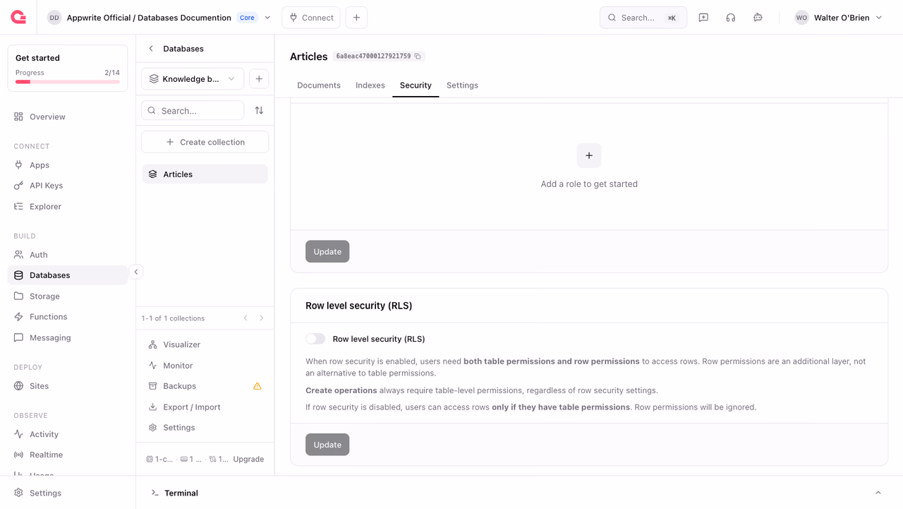 Row level security toggle in the Security tab
