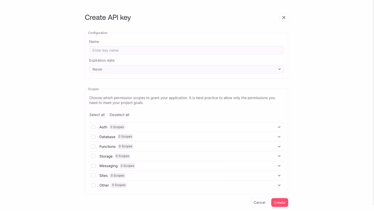 Project settings screen