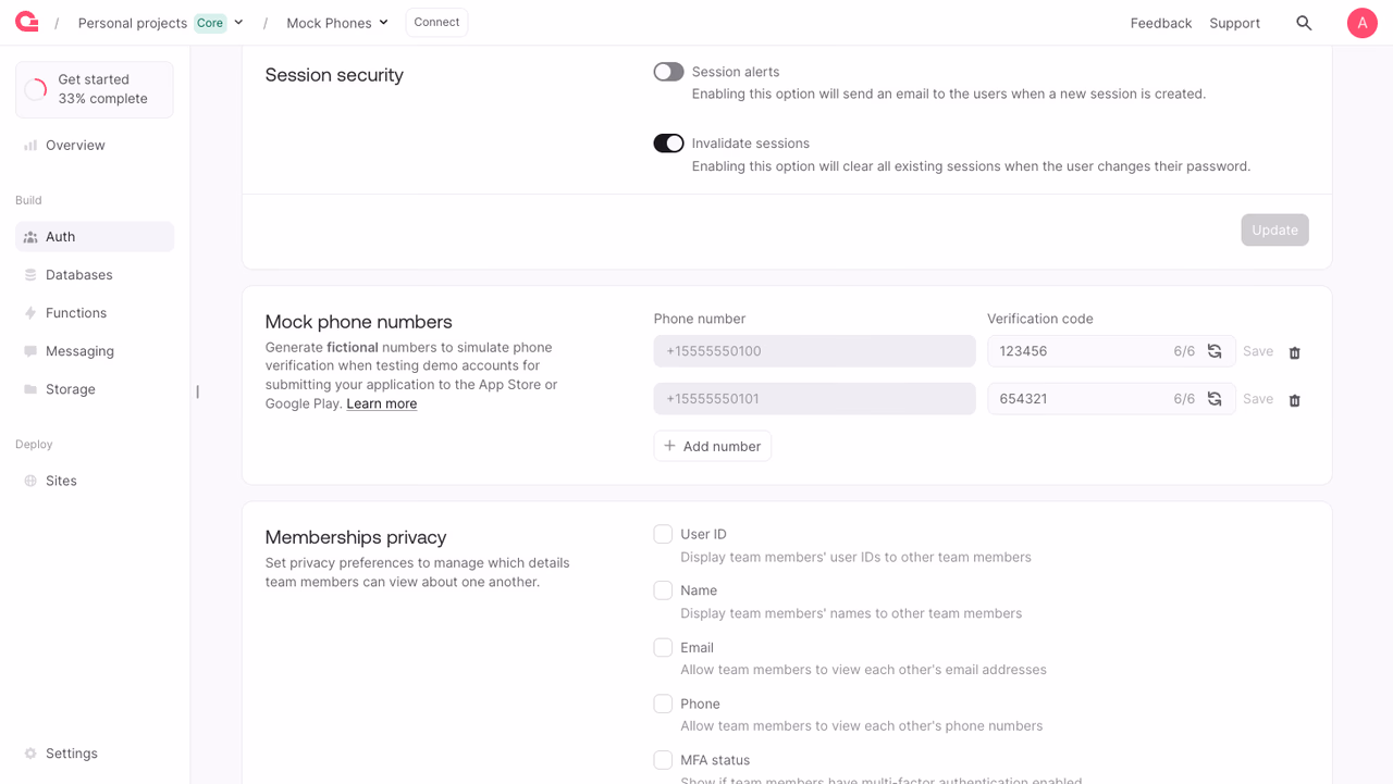 Mock phone numbers settings in the Appwrite Console