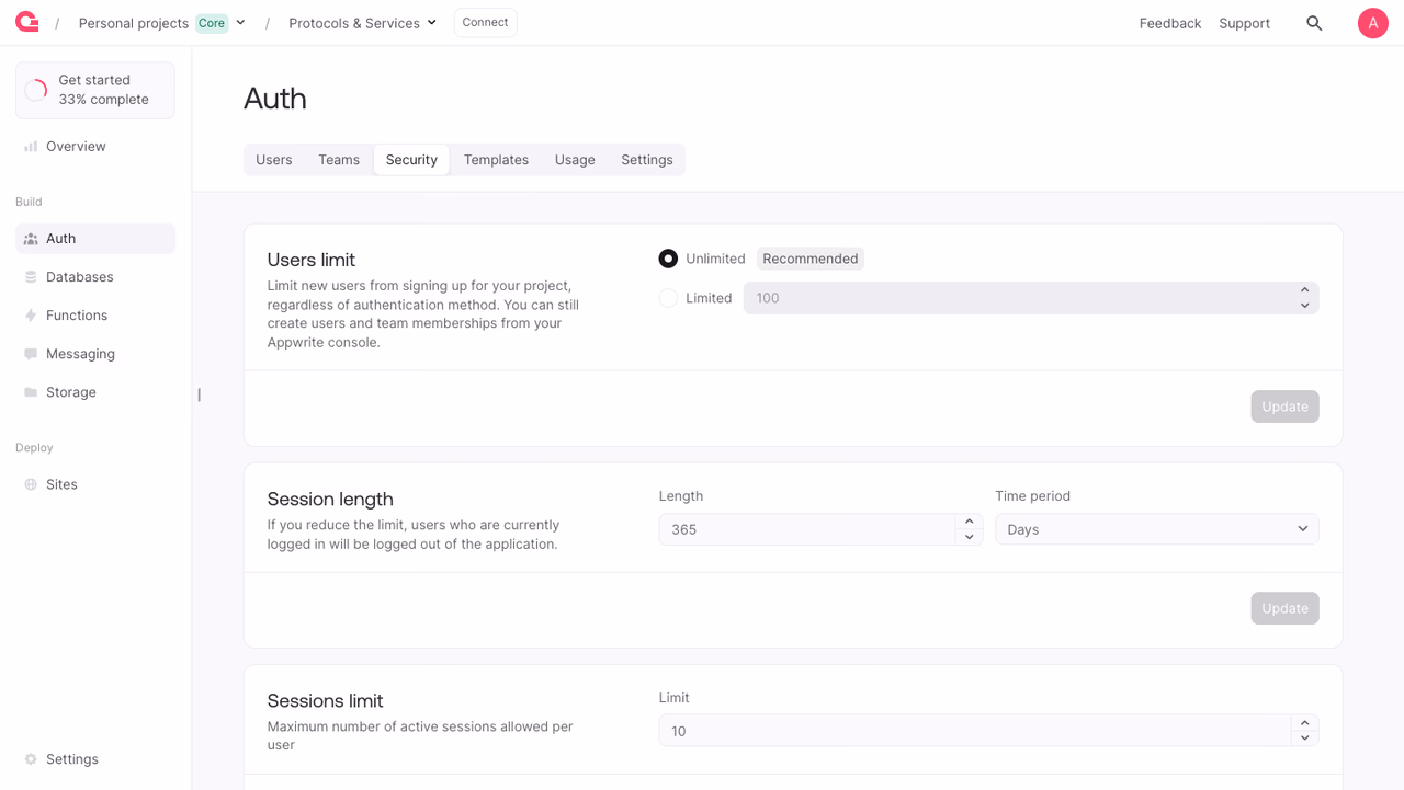 Project policies in the Appwrite Console