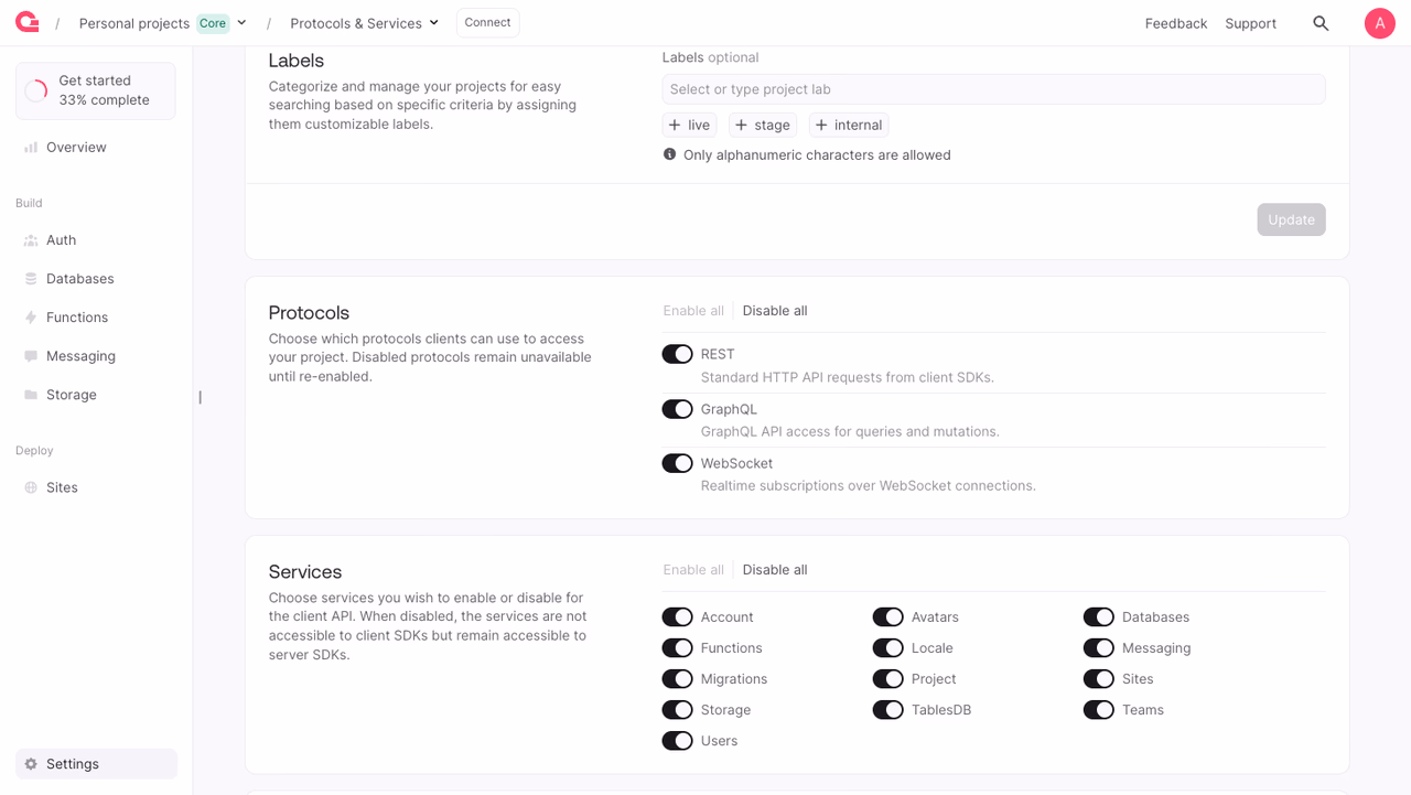 Project protocols in the Appwrite Console