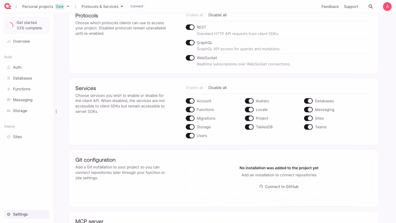 Project services in the Appwrite Console