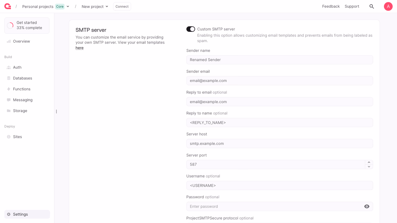 SMTP settings in the Appwrite Console