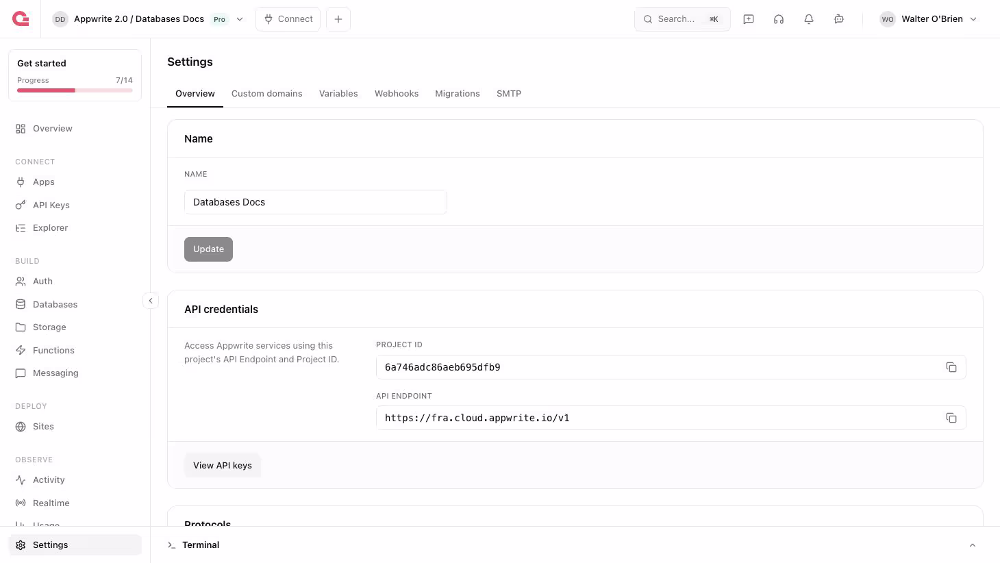 Project settings screen