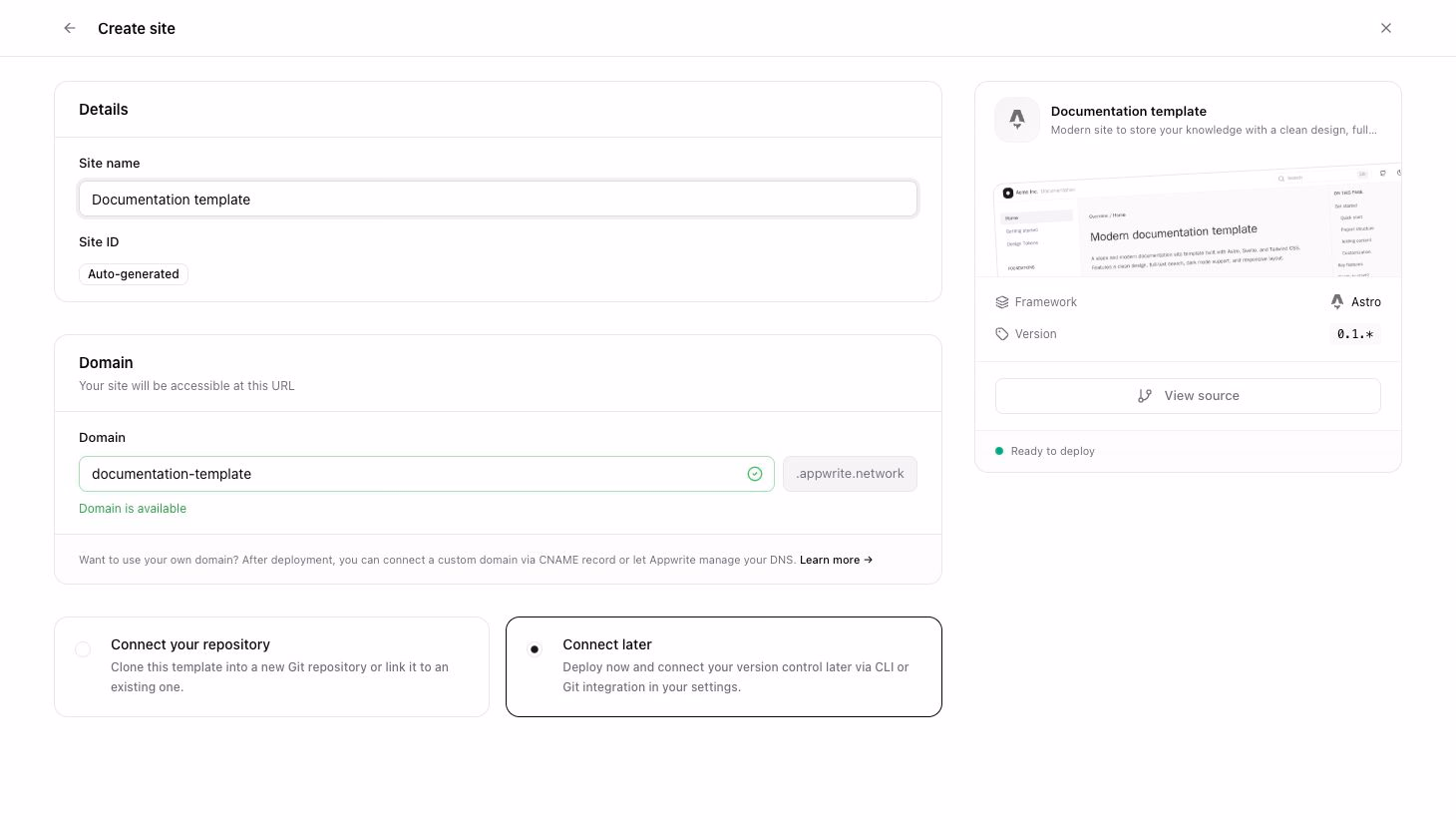 Create site wizard
