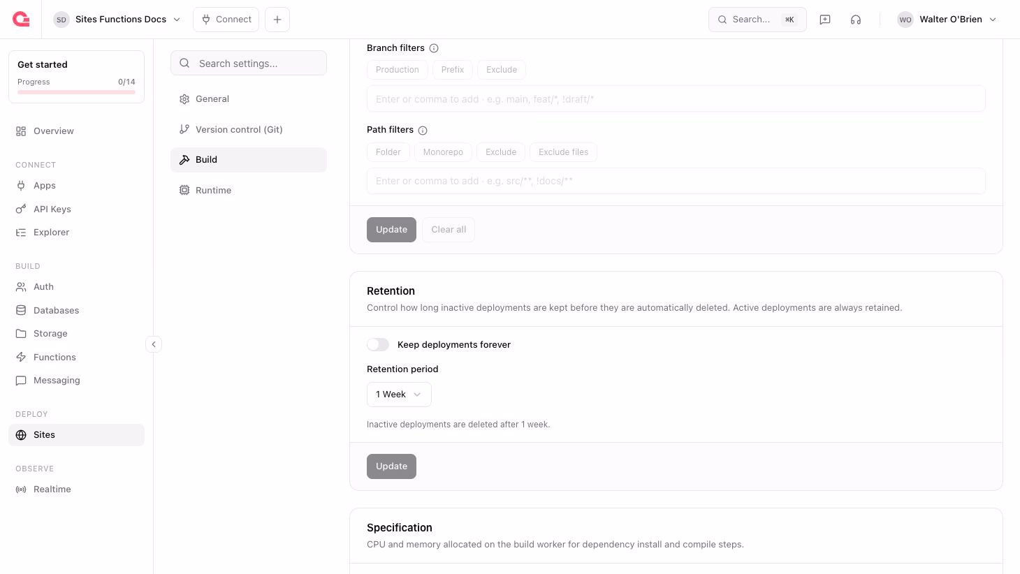 Site deployment retention settings