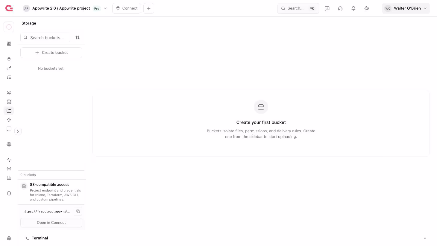 Appwrite Console screenshot: create Storage bucket