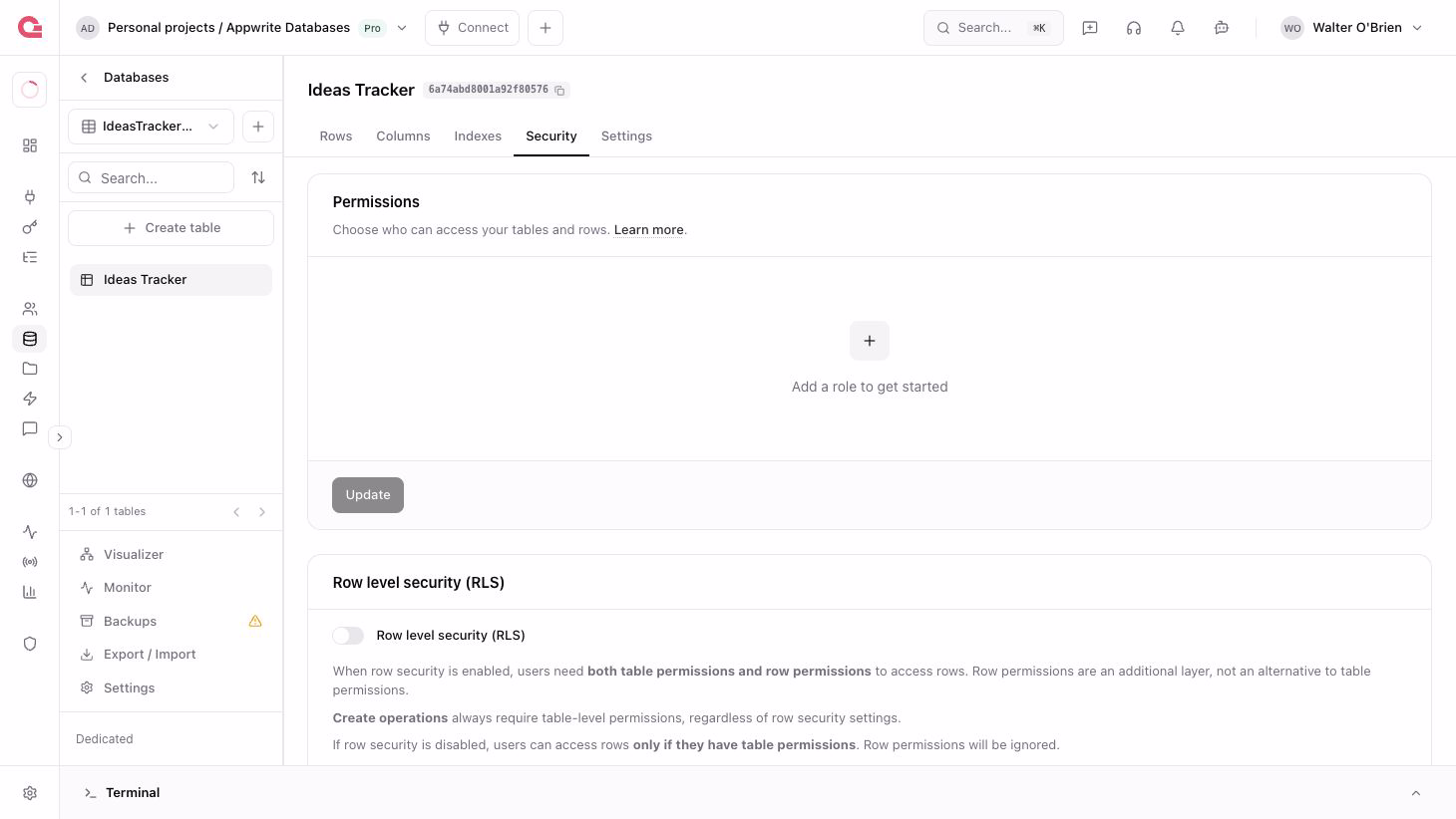 Table permissions screen
