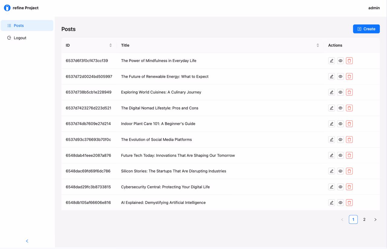 Project list page