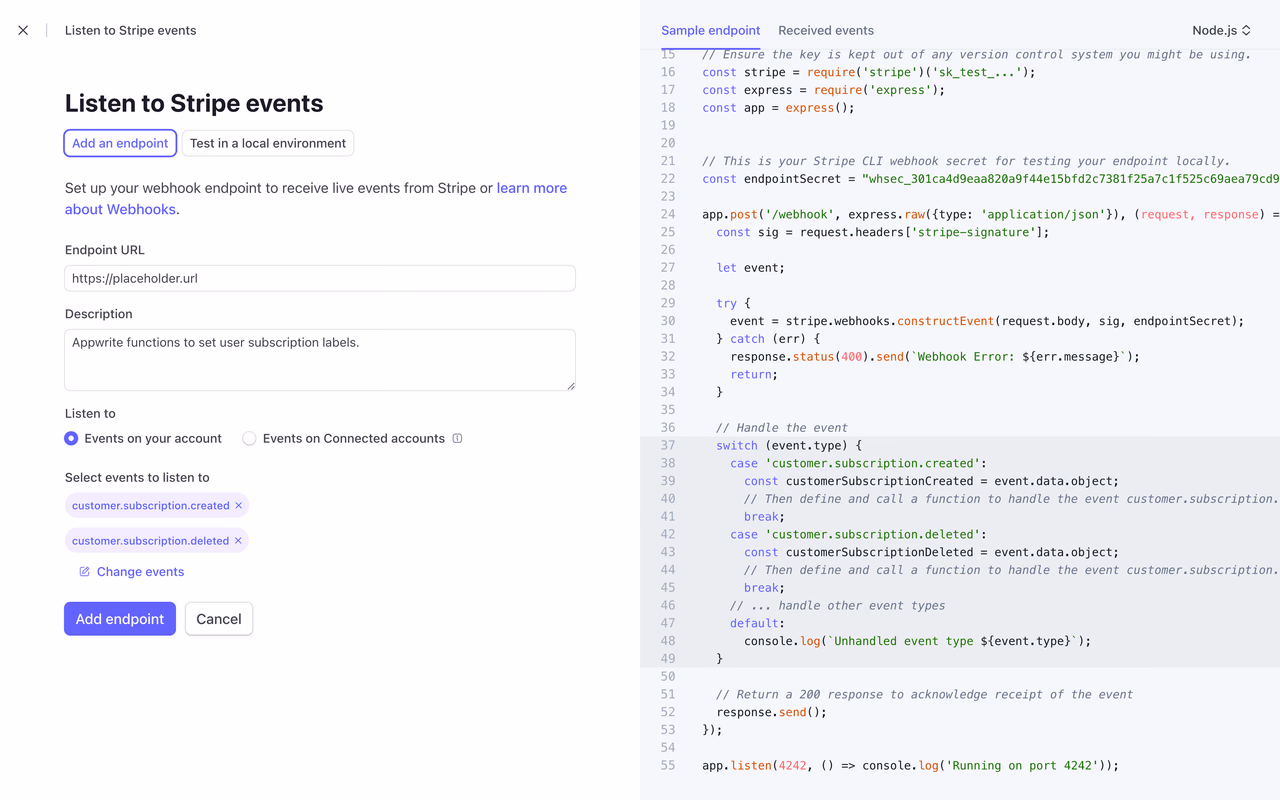 Stripe webhook setup screen
