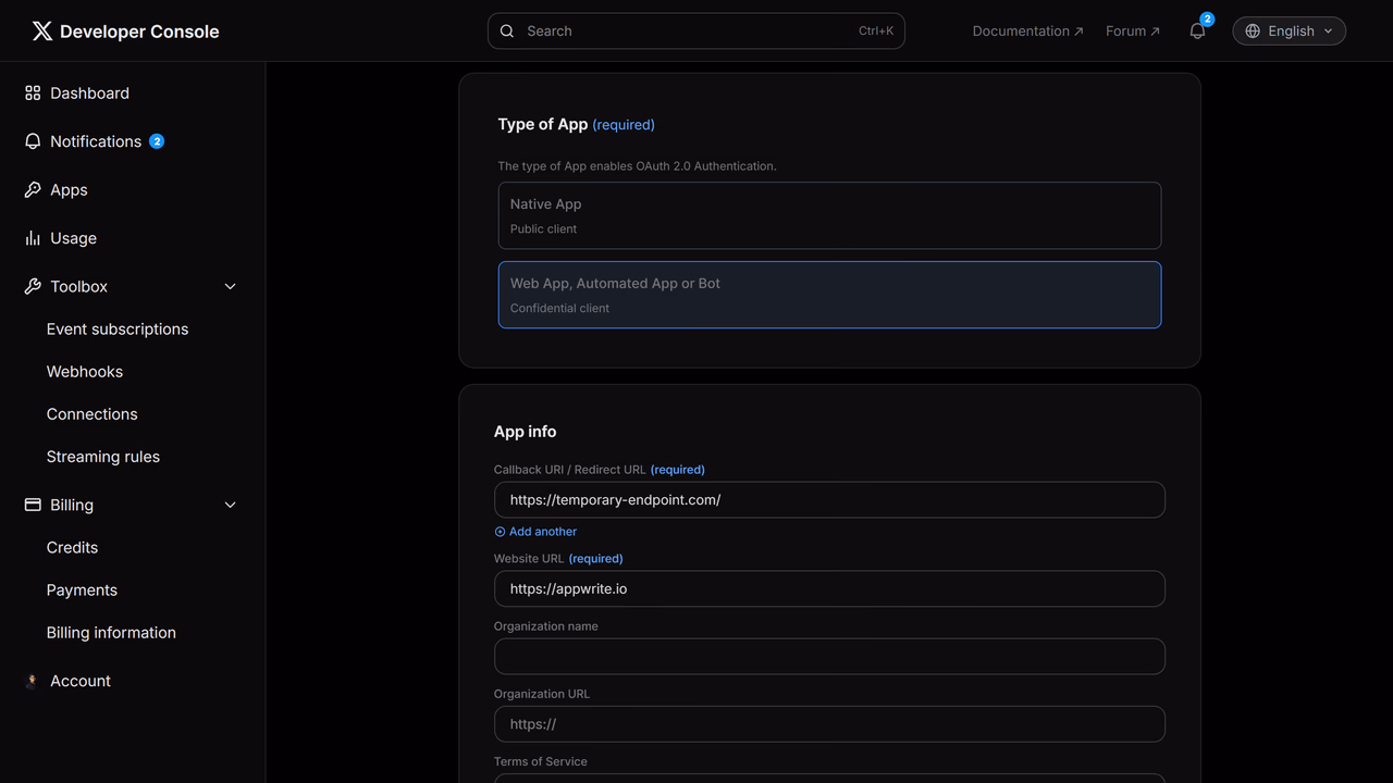 OAuth 2.0 settings