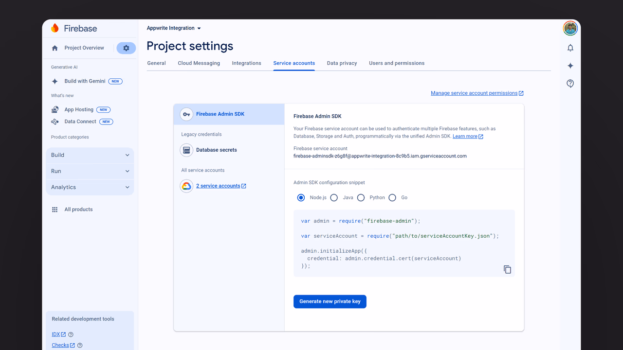 Firebase service account private key