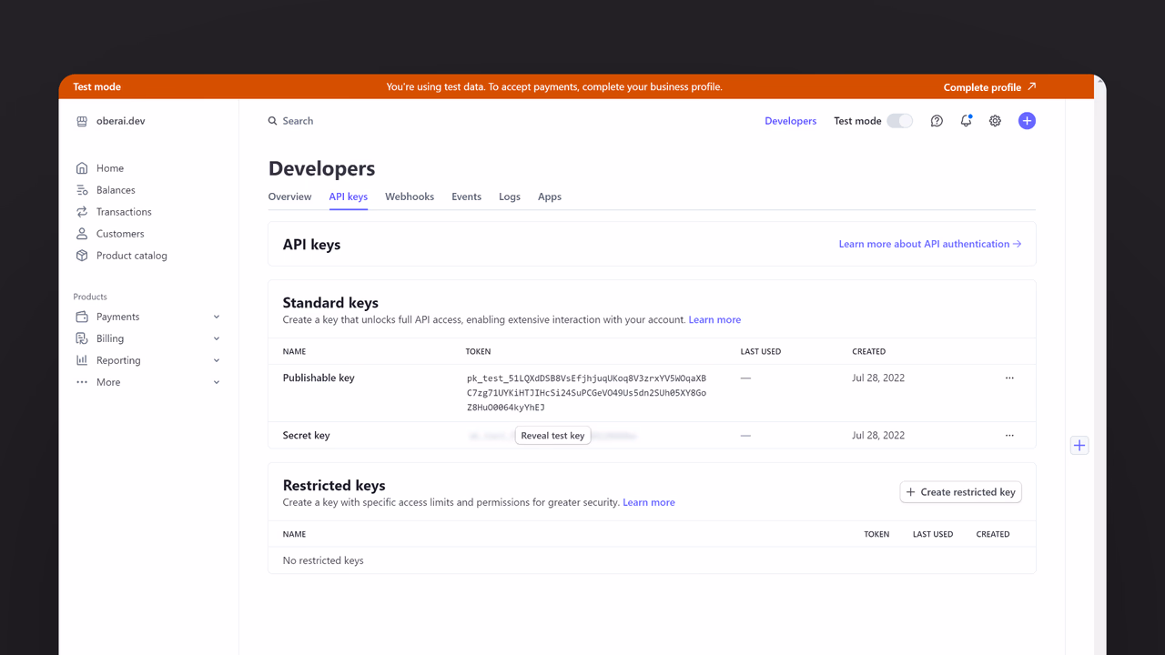 Stripe API keys