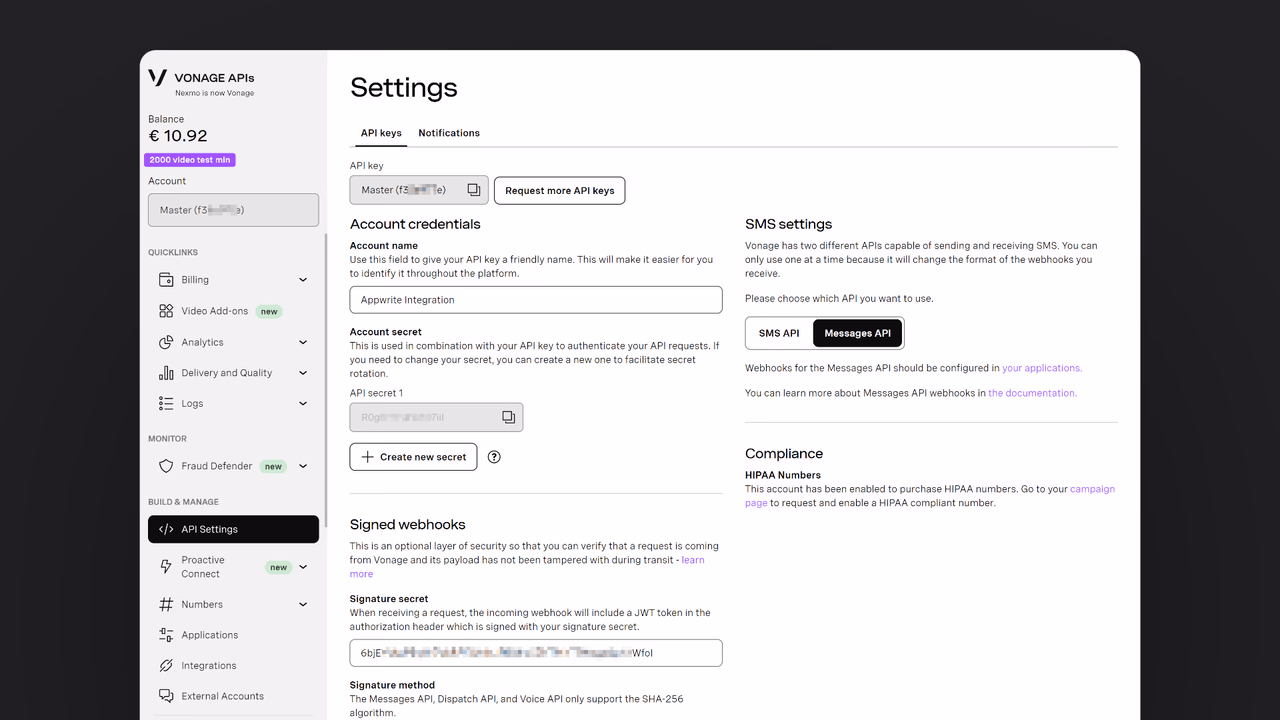 Vonage API settings